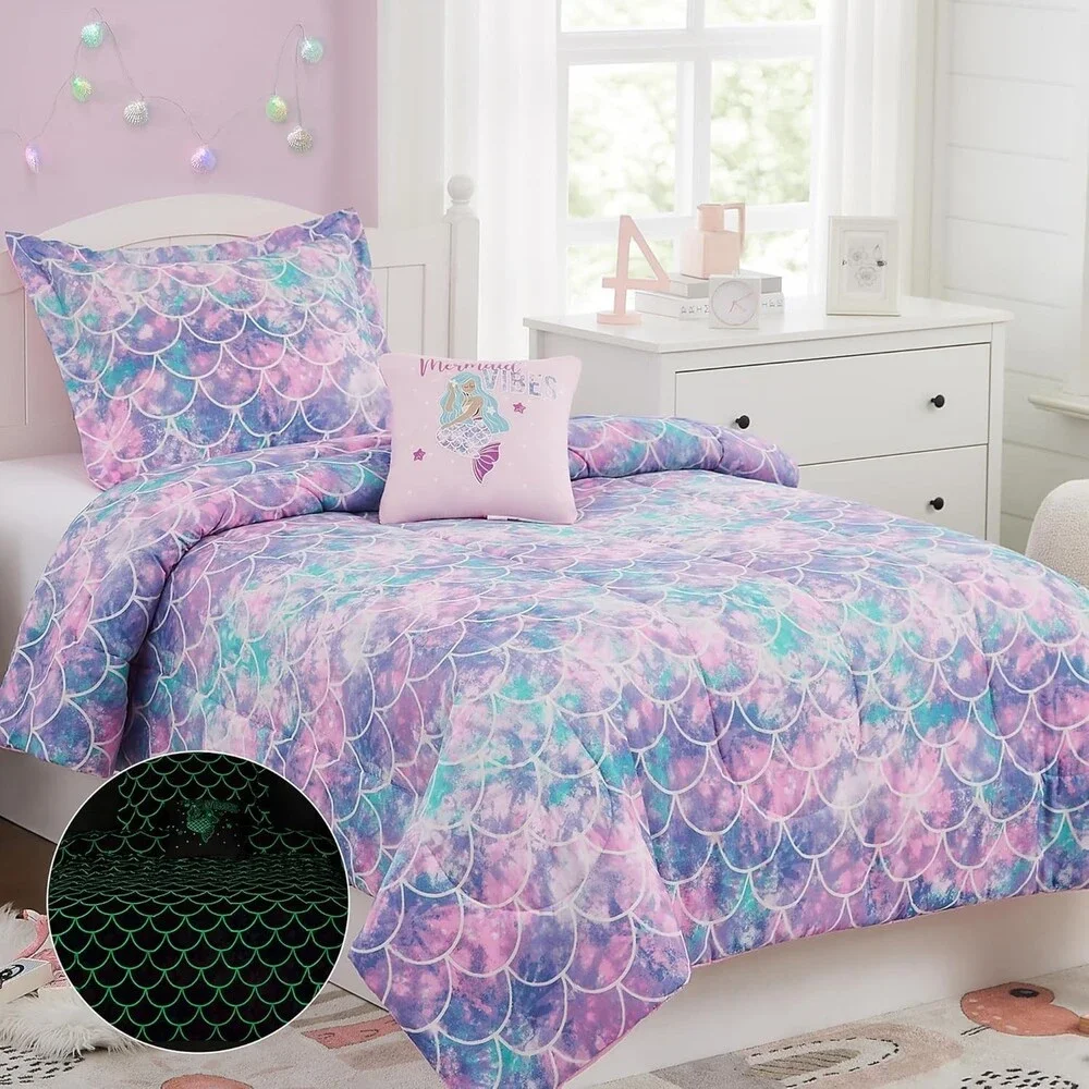 Twin Comforter Set for Girls-3 Pieces Glow in The Dark Bedding Set Mermaid